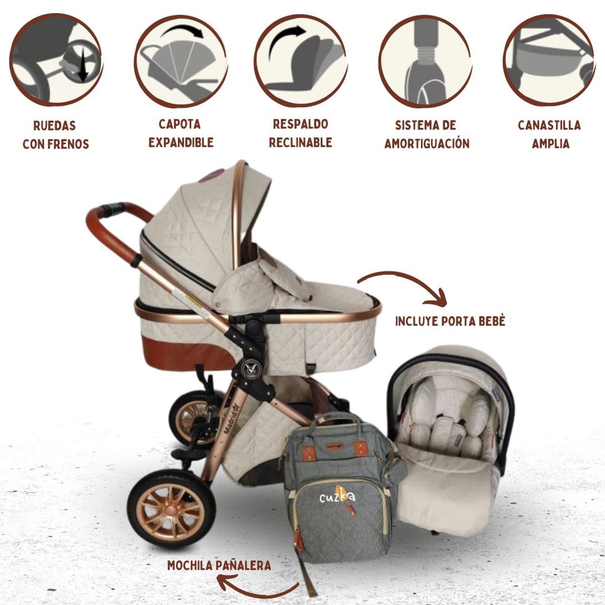 VOYAGE - Coche 4 en1 con SILLA PORTABEBÉ «MADRID» Beige