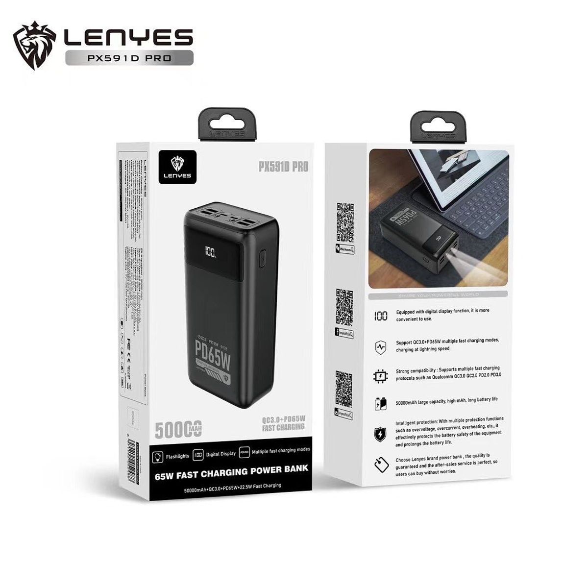 LENYES - Powerbank Lenyes Px591 Pro Potencia 65W Bateria 50000mAh Luces Led