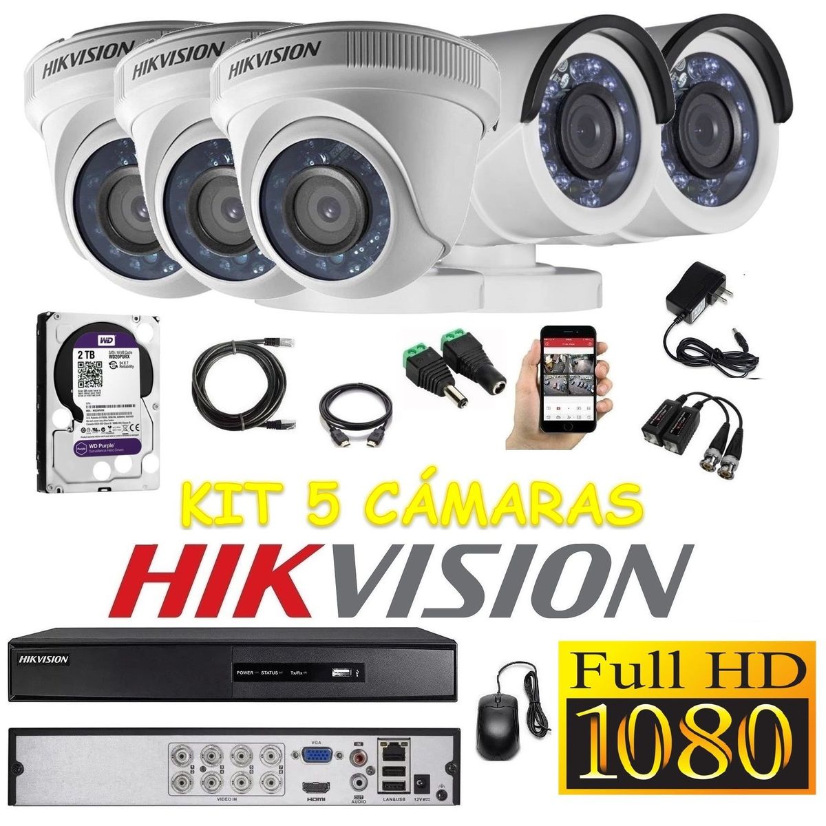 HIKVISION - kit 5 Cámaras Seguridad FULLHD Hikvision 2tb