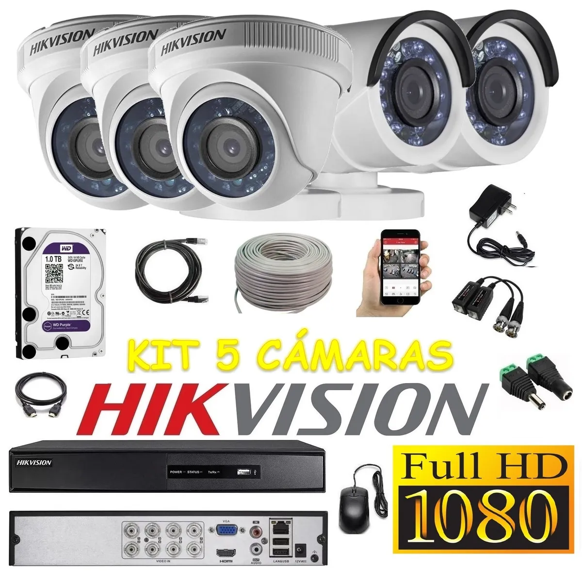 HIKVISION - kit 5 Cámaras Seguridad FULLHD Hikvision 1tb + cable