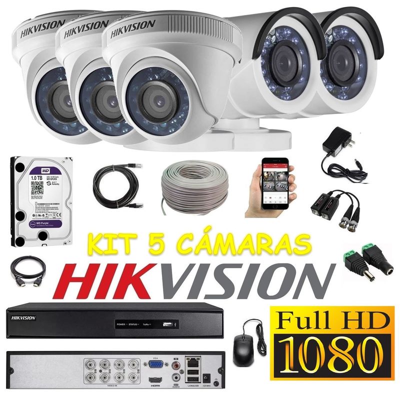 HIKVISION - kit 5 Cámaras Seguridad FULLHD Hikvision 1tb + cable