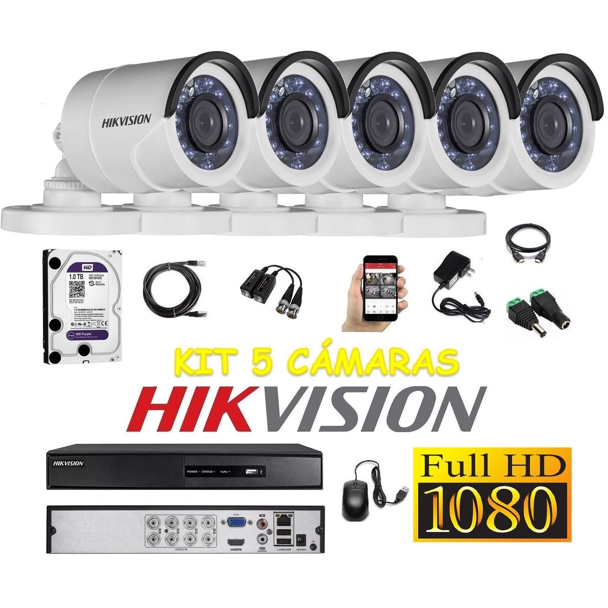 HIKVISION - kit 5 Cámaras Seguridad Tubo Exterior FULLHD Hikvision 1tb