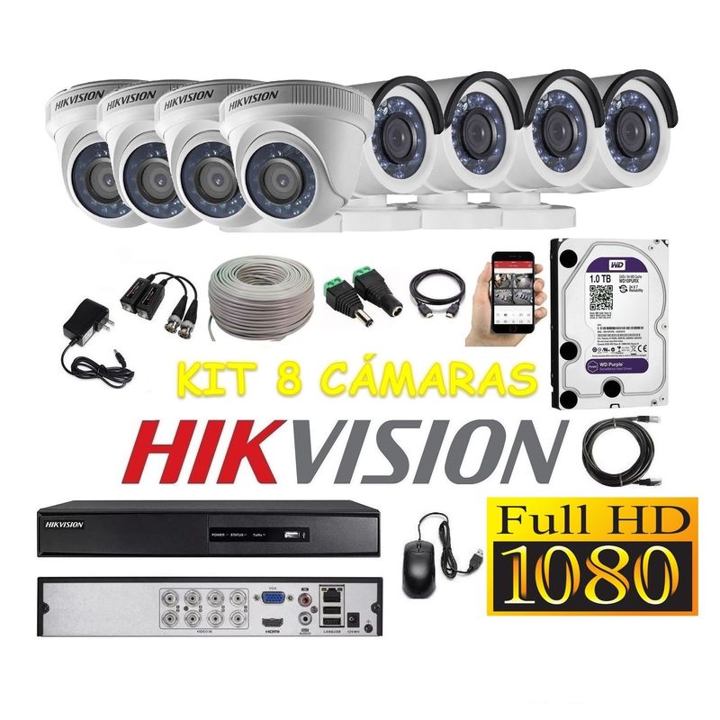 HIKVISION - kit 8 Cámaras Seguridad FULLHD Hikvision 1tb + cable