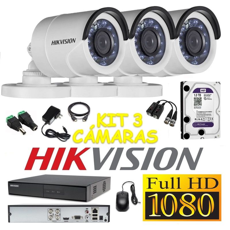 HIKVISION - kit 3 Cámaras Seguridad Tubo FULLHD Hikvision 1tb