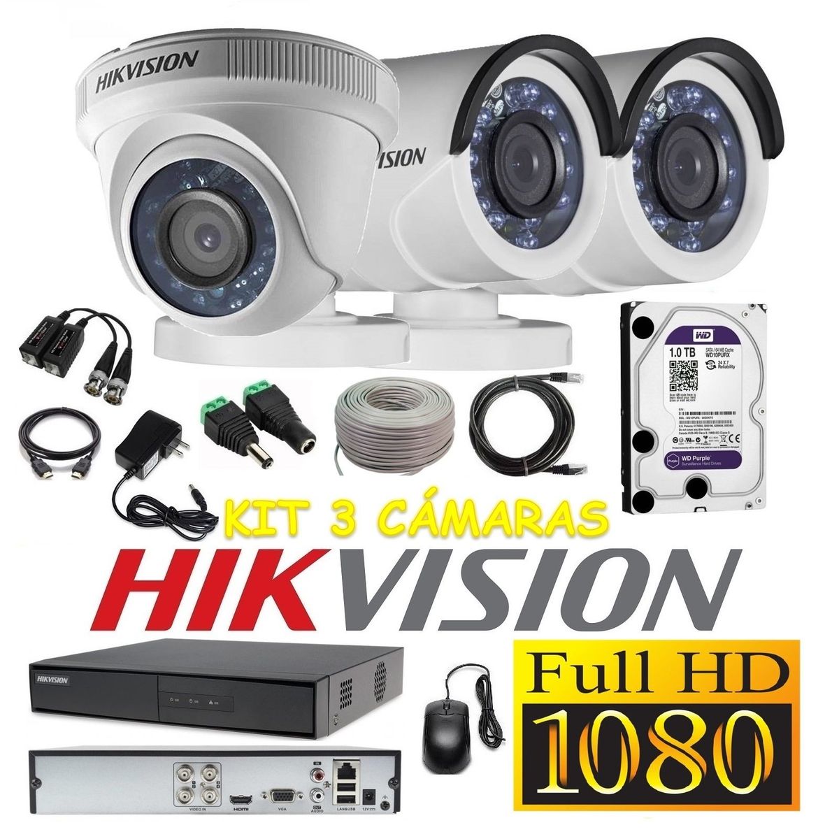 HIKVISION - kit 3 Cámaras Seguridad FULLHD 1080p Hikvision 1tb + cable
