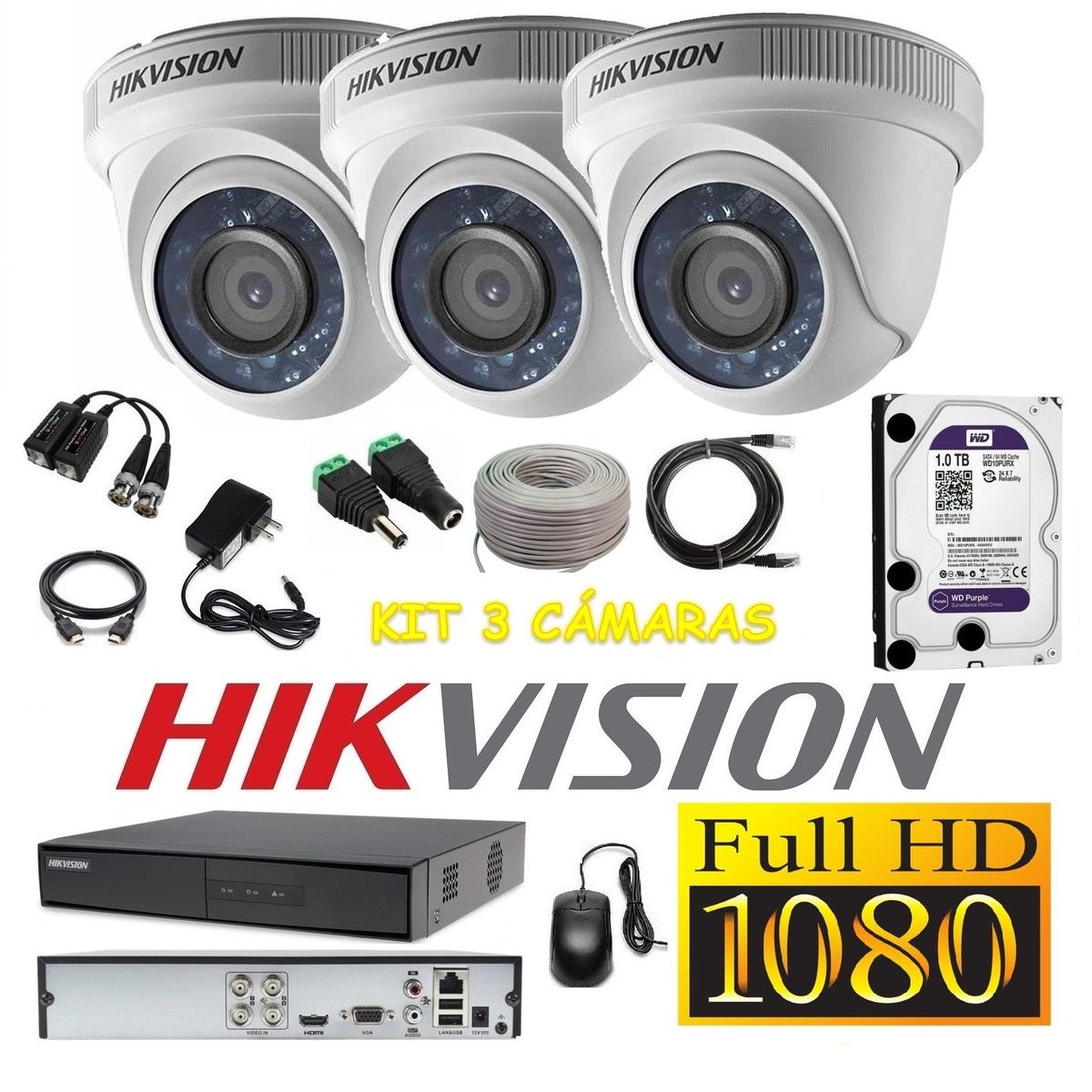 HIKVISION - kit 3 Cámaras Seguridad Domo FULLHD Hikvision 1tb + cable