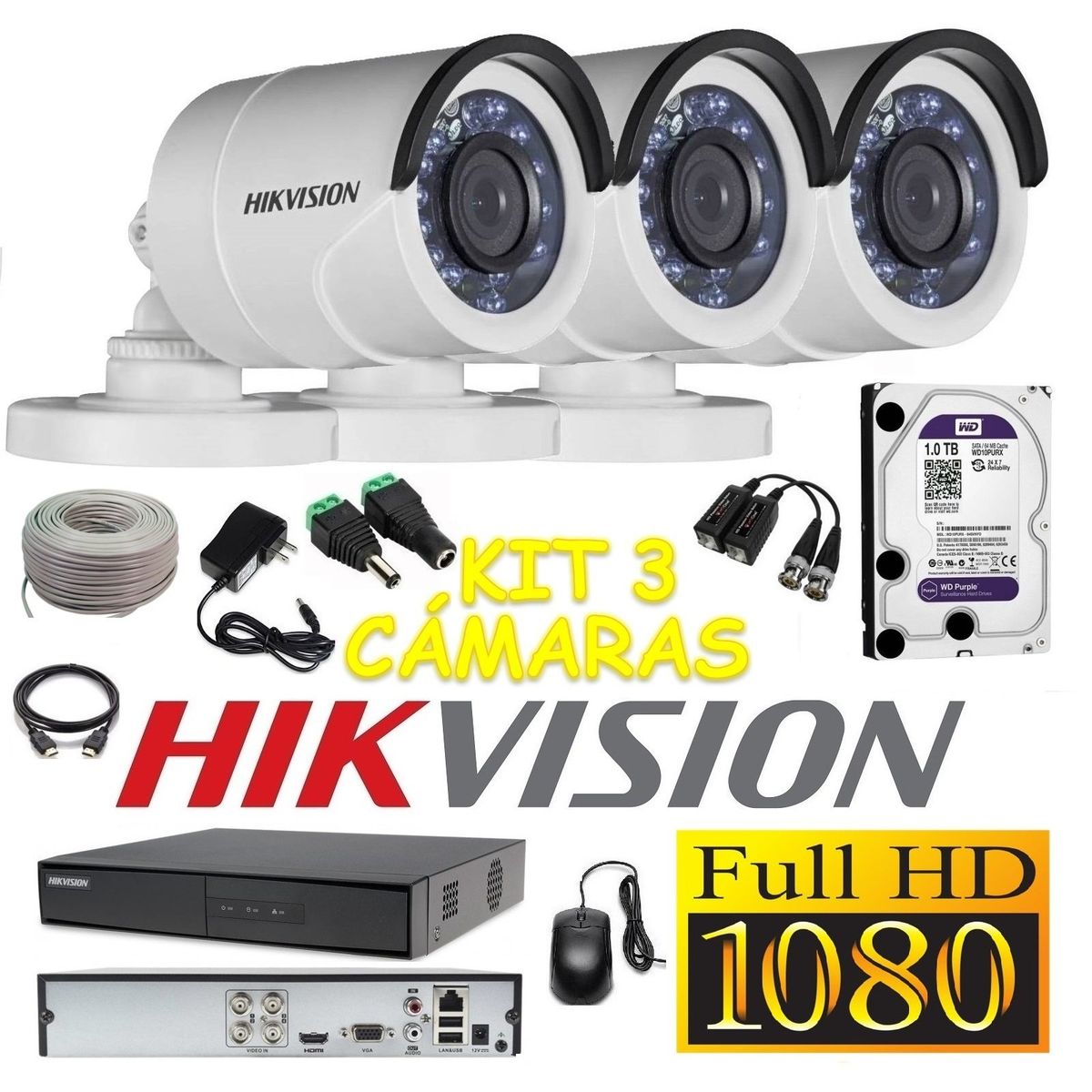 HIKVISION - kit 3 Cámaras Seguridad Tubo FULLHD Hikvision 1tb + cable