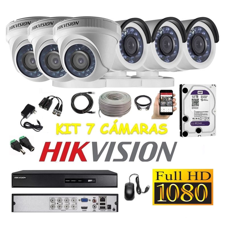 HIKVISION - kit 6 Cámaras Seguridad FULLHD Hikvision 1tb + cable