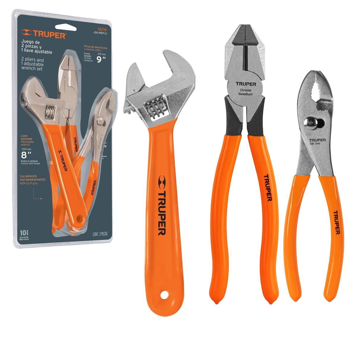 TRUPER - Juego de 2 Alicates pinza y 1 Llave francesa, Truper