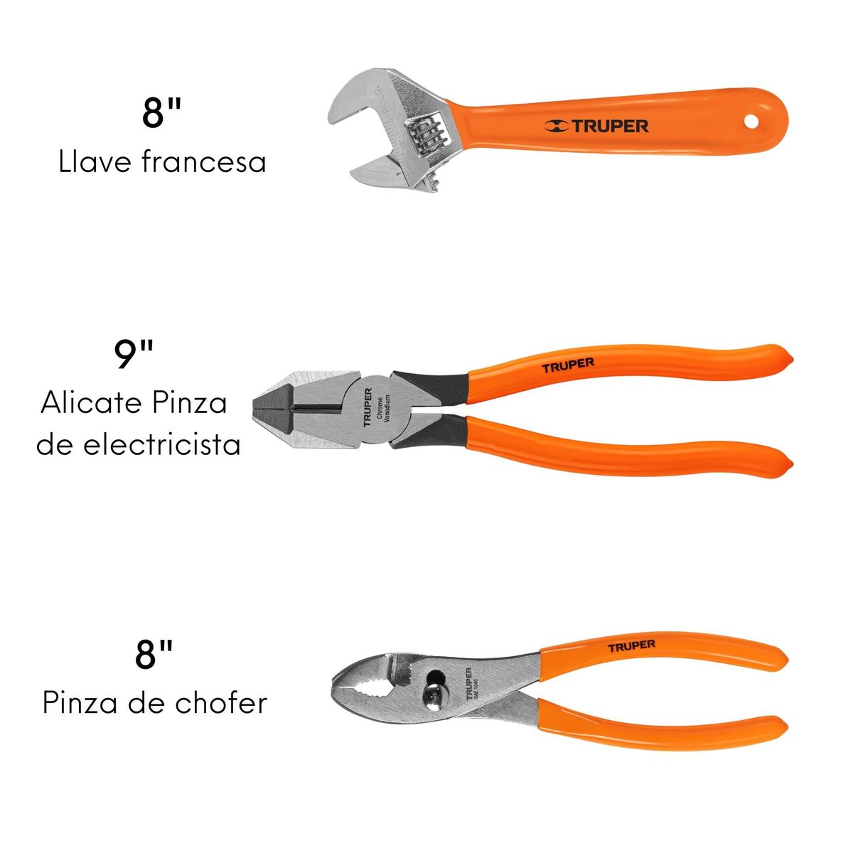 TRUPER - Juego de 2 Alicates pinza y 1 Llave francesa, Truper