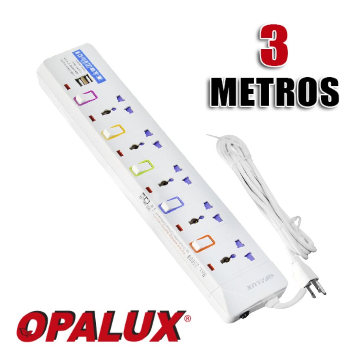 GENERICO - Supresor de 5 Picos 2 USB Opalux 3 Mts Con Switch Reset