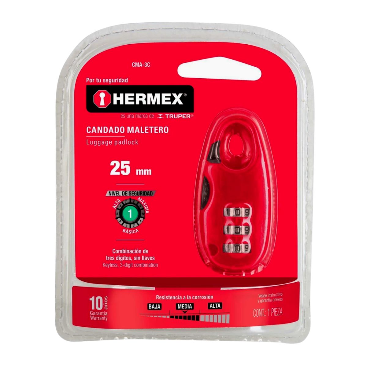 HERMEX - Candado Maletero Combinación 3 Dígitos Hermex 25mm CMA-3C