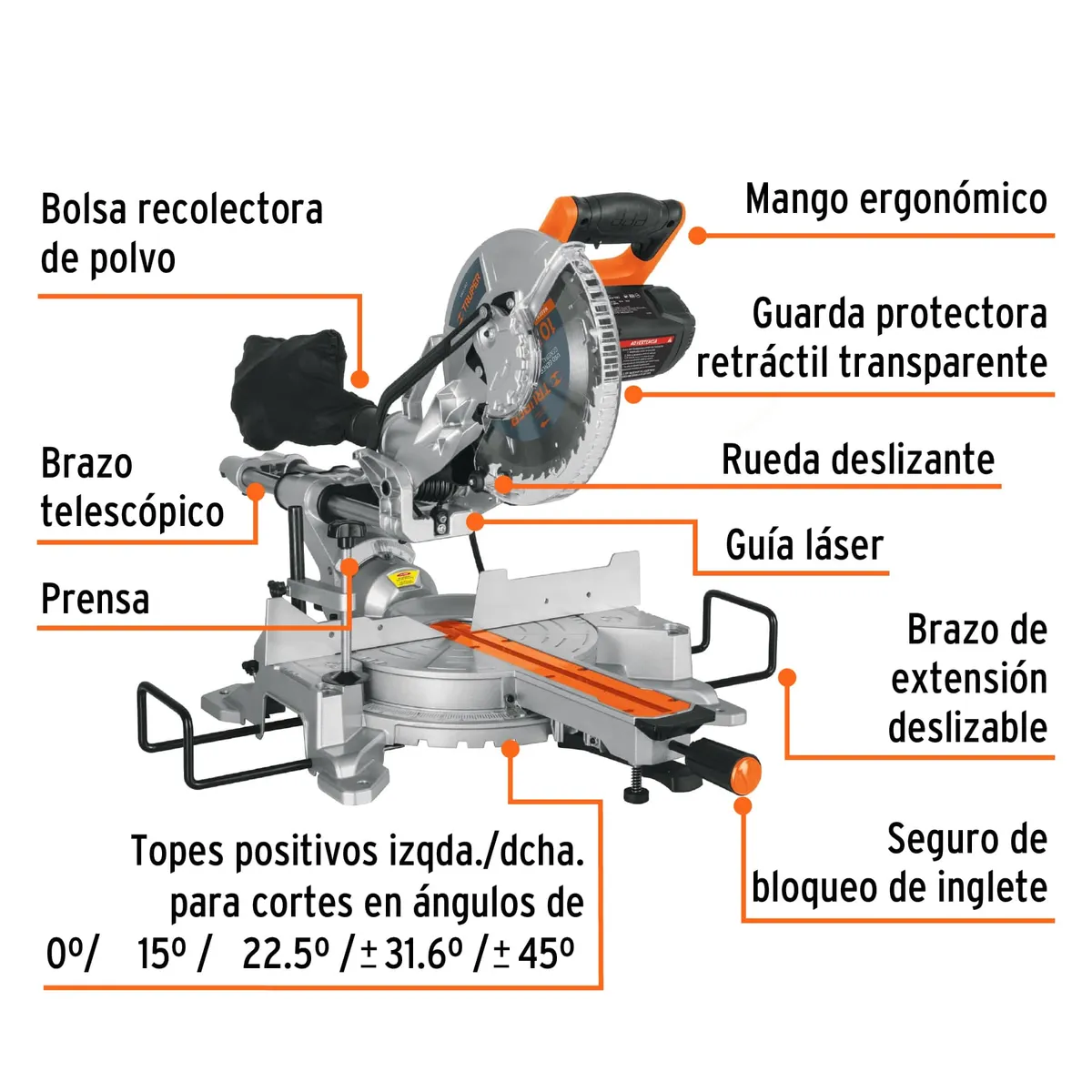 TRUPER - Sierra Ingleteadora Telescopica 1800W 10 pulgada Madera y Alumino Truper