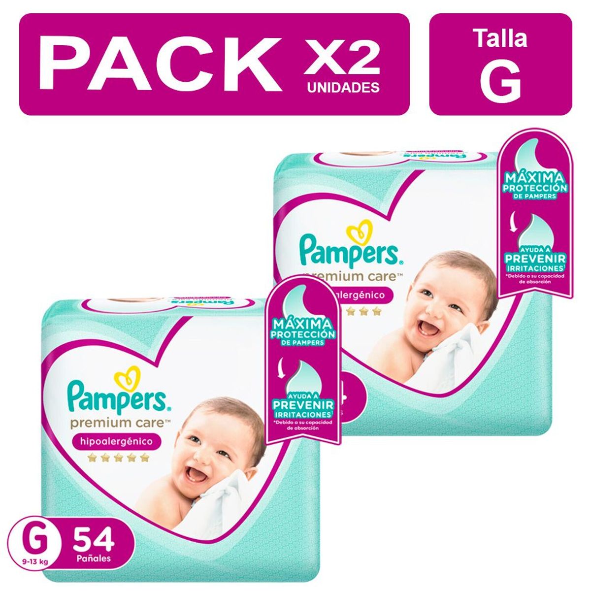 PAMPERS - PackX2 Pañales Pampers Premium Care Talla G 54 unidades