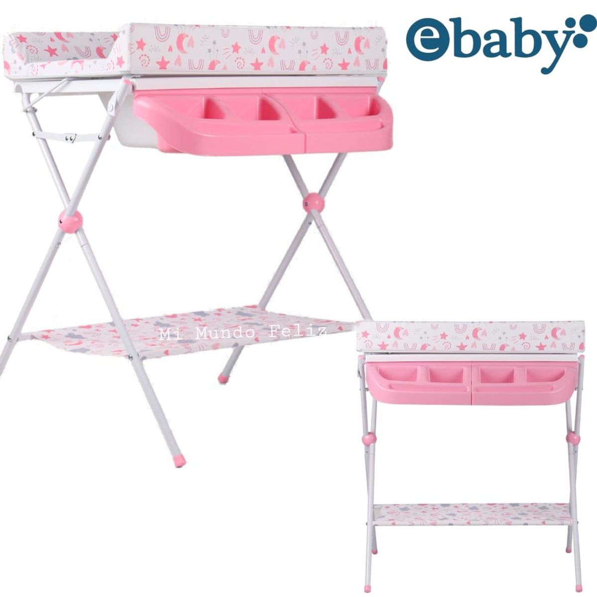 EBABY - Bañera para Bebe con Cambiador Plegable 2 Niveles Rosa