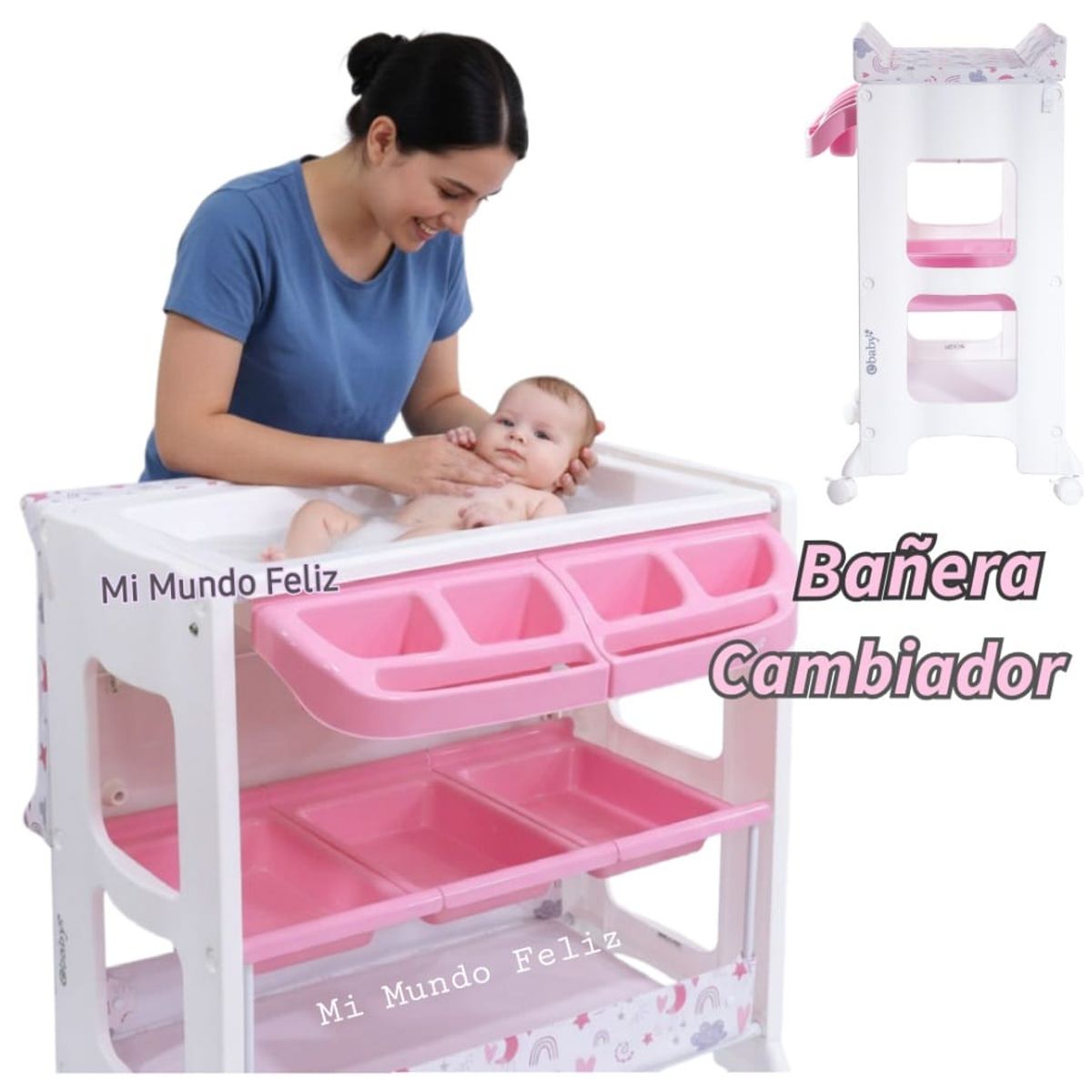 EBABY - Bañera de Bebe con Organizador y Cambiador Rosa 3 Niveles