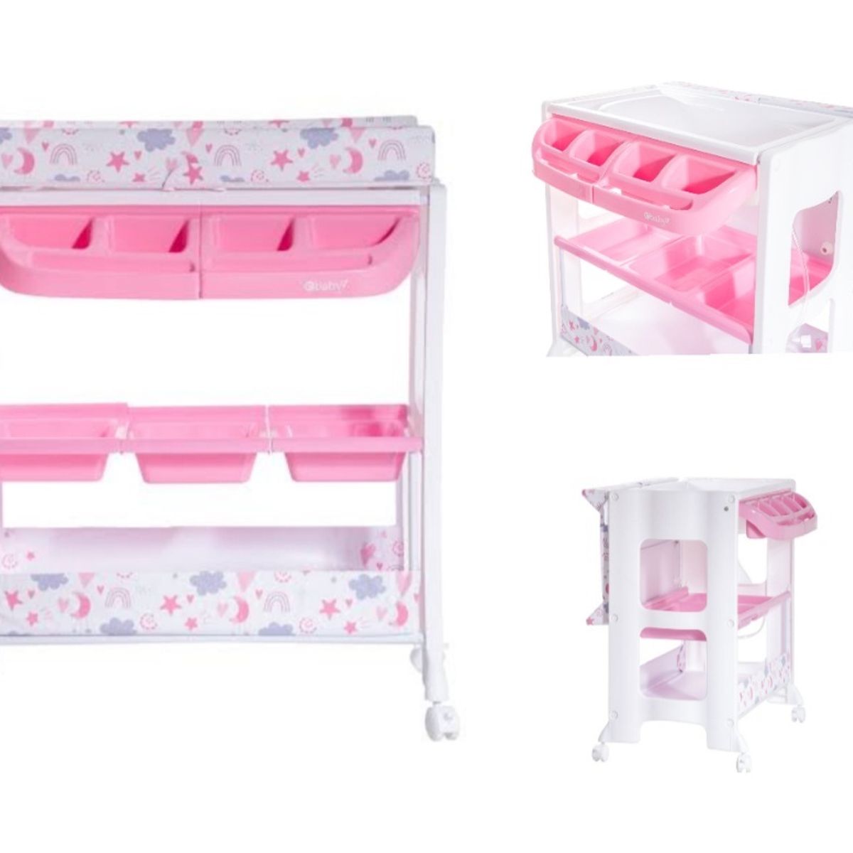 EBABY - Bañera de Bebe con Organizador y Cambiador Rosa 3 Niveles