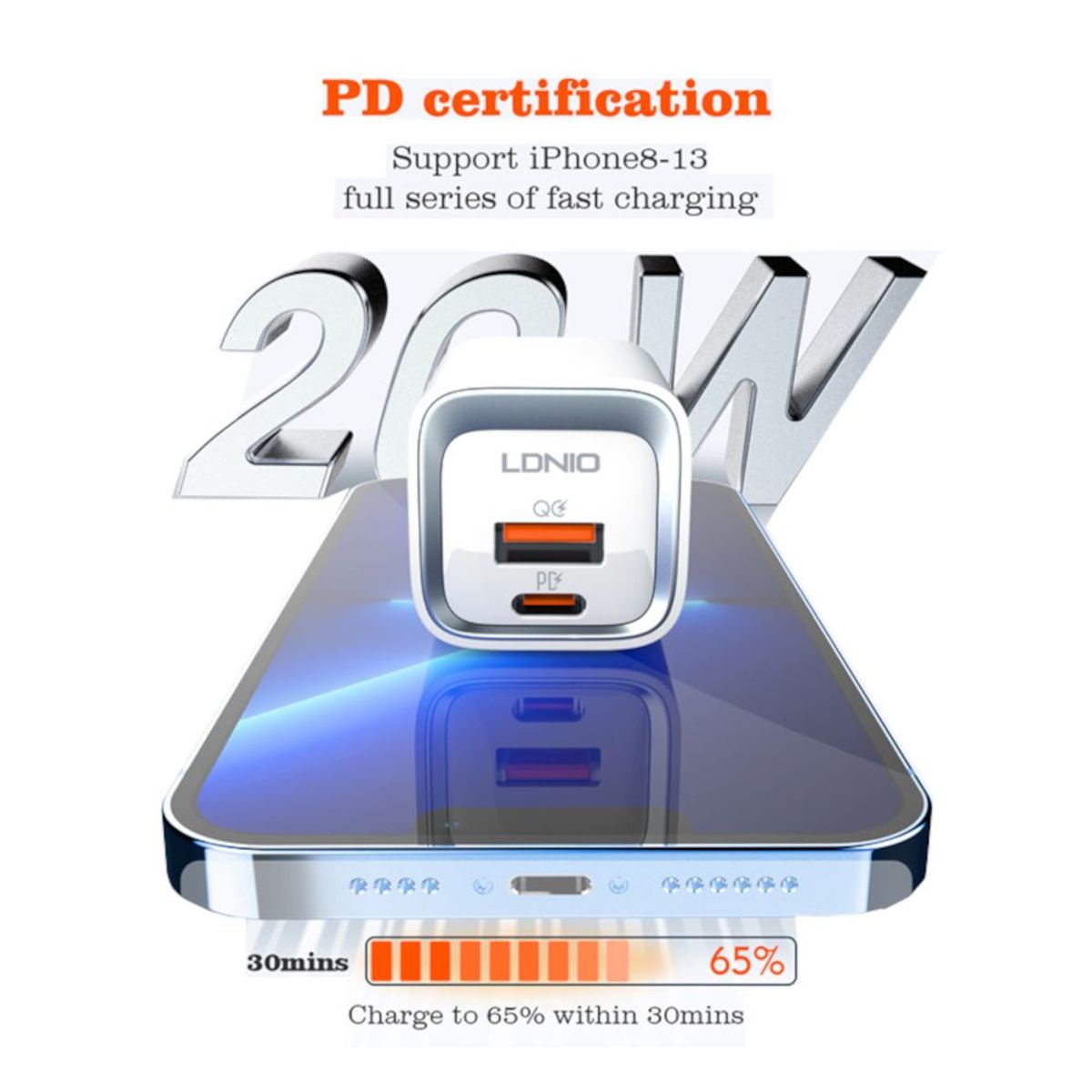 LDNIO - Cargador 20W LDNIO A2318C de Carga Rápida Incluye Cable USB-A a USB-C