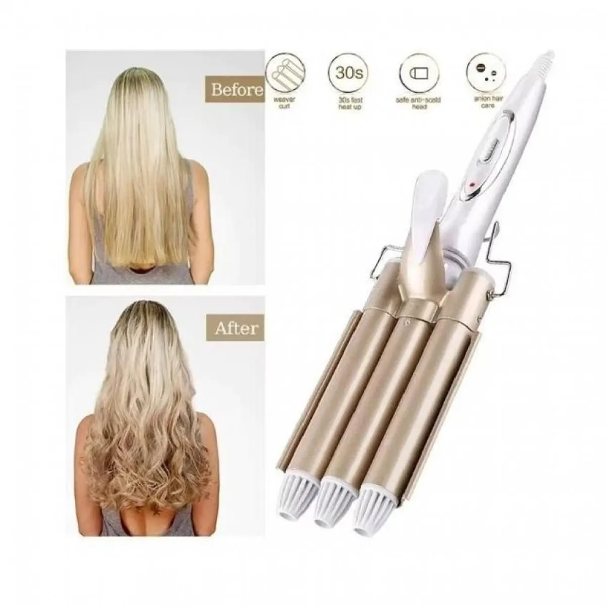 GENERICO - Rizadora Ondulador de Cabello Tenaza 3 Tubos.