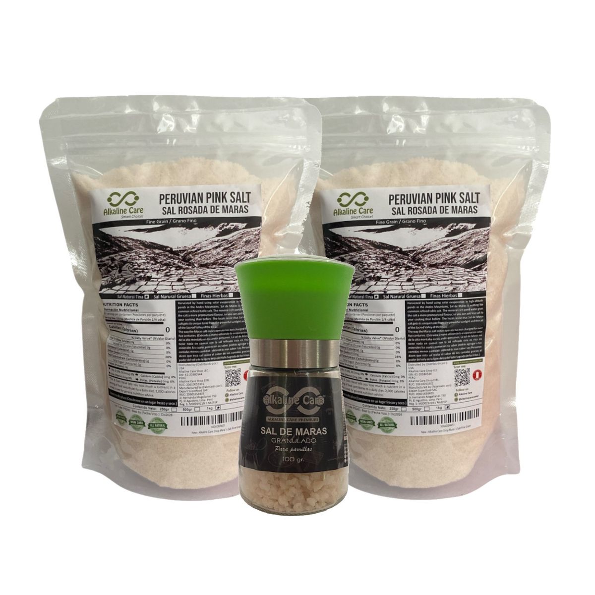 ALKALINE CARE - Sal Rosada de Maras 2kg Gruesa + 1 Molinillo sal gruesa100gr