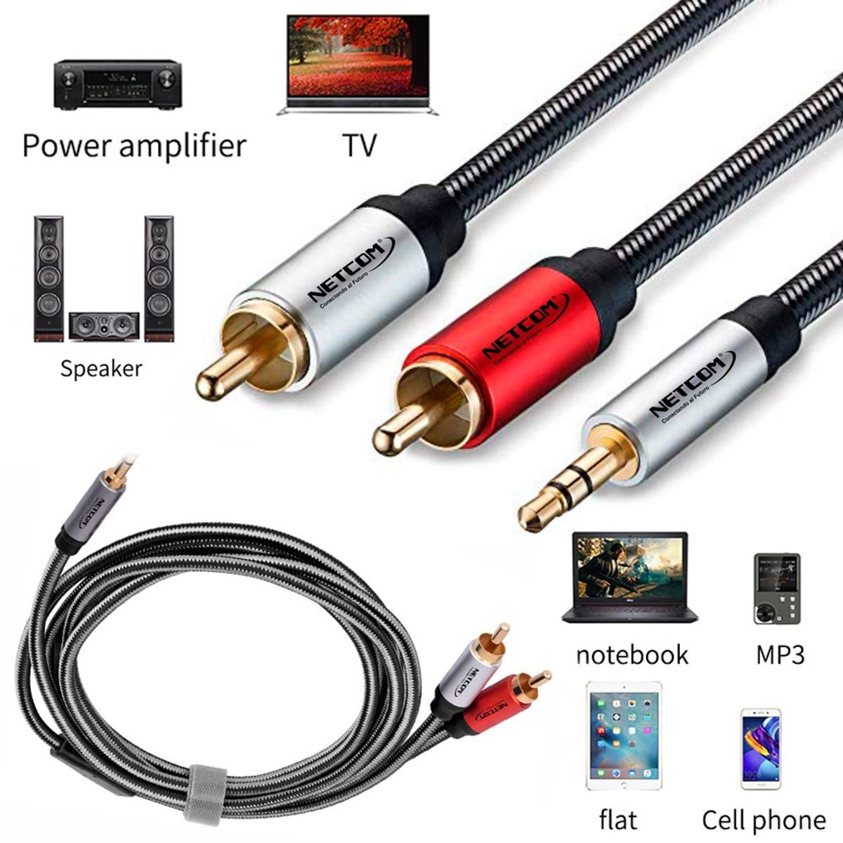 NETCOM - Cable de audio Plug 3.5mm a 2 RCA Macho 1.8 Metros NETCOM