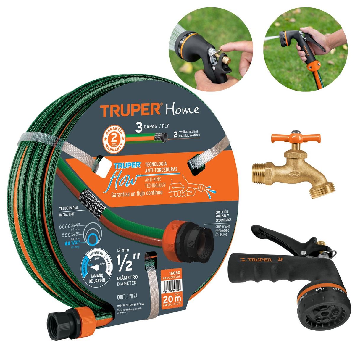 TRUPER - Combo manguera de riego 20m Pistola de riego y caño jardín TRUPER