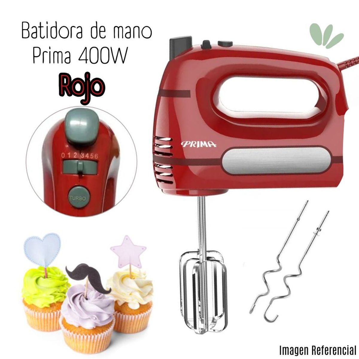 PRIMA - Batidora de Mano Prima HM 9105R con 400 Watts - Rojo