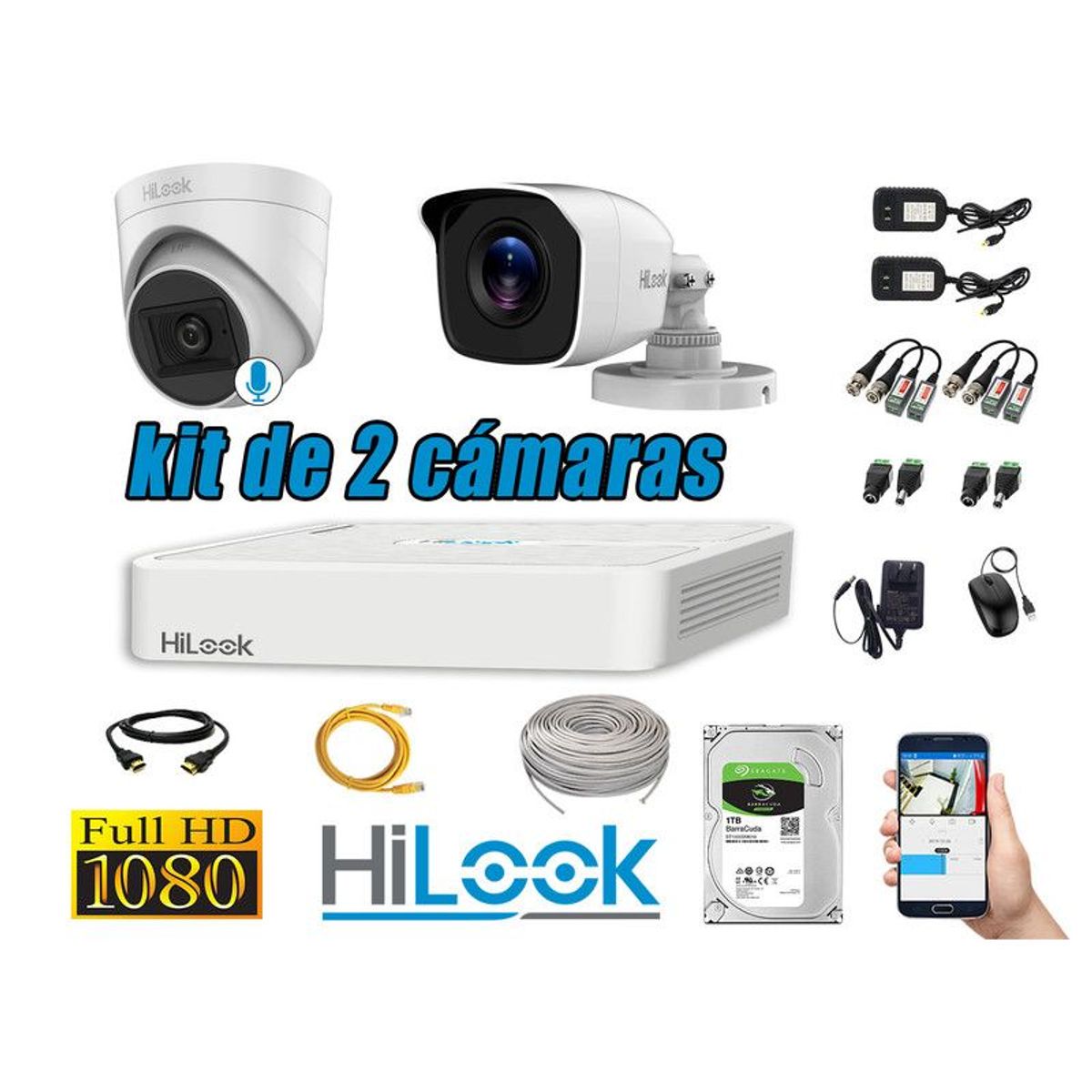 HILOOK - CÁMARAS SEGURIDAD KIT 2 FULL HD + DISCO 1TB - 1 CAMARA CON MICROFONO