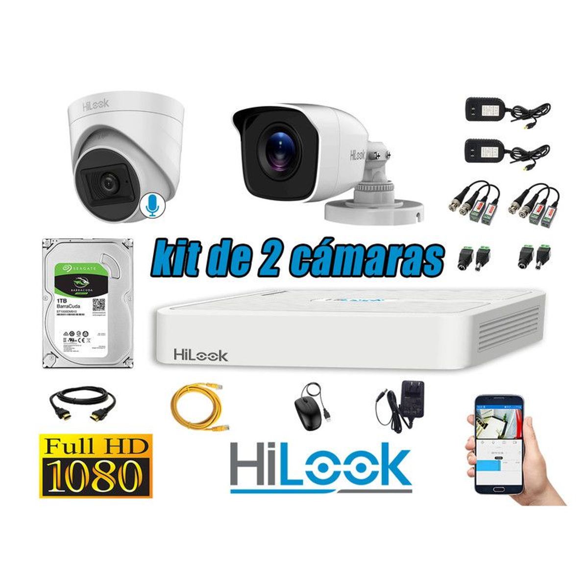 HILOOK - CÁMARAS SEGURIDAD KIT 2 FULL HD + DISCO 1TB - 1 CAMARA CON MICROFONO