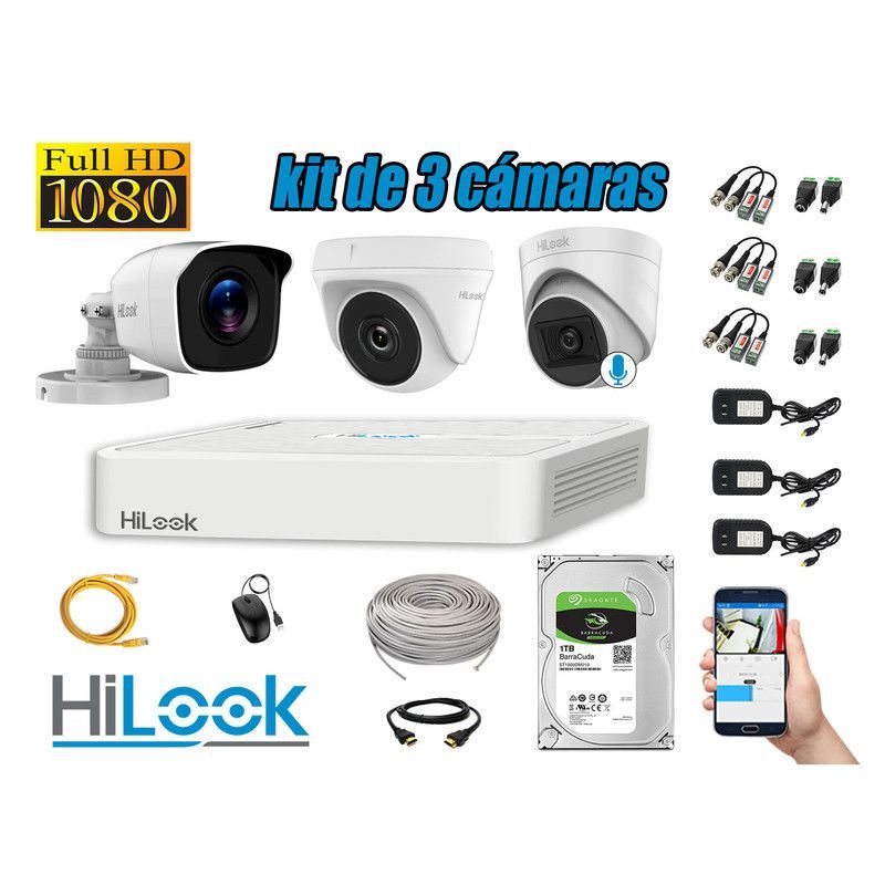 HILOOK - CÁMARAS SEGURIDAD KIT 3 FULL HD + DISCO 1TB - 1 CAMARA CON MICROFONO