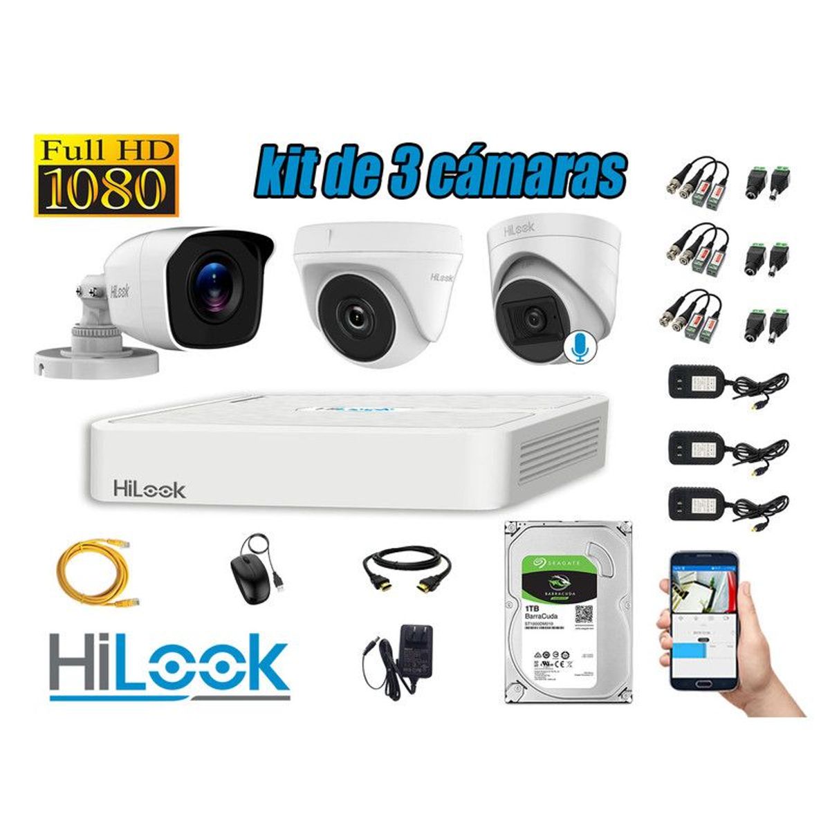 HILOOK - CÁMARAS SEGURIDAD KIT 3 FULL HD + DISCO 1TB - 1 CAMARA CON MICROFONO