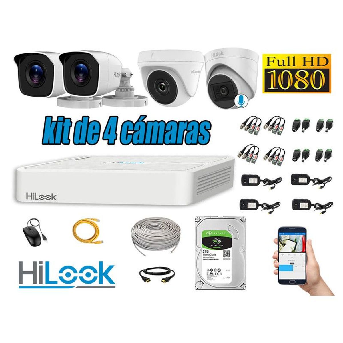 HILOOK - CÁMARAS SEGURIDAD KIT 4 FULL HD + DISCO 2TB - 1 CAMARA CON MICROFONO