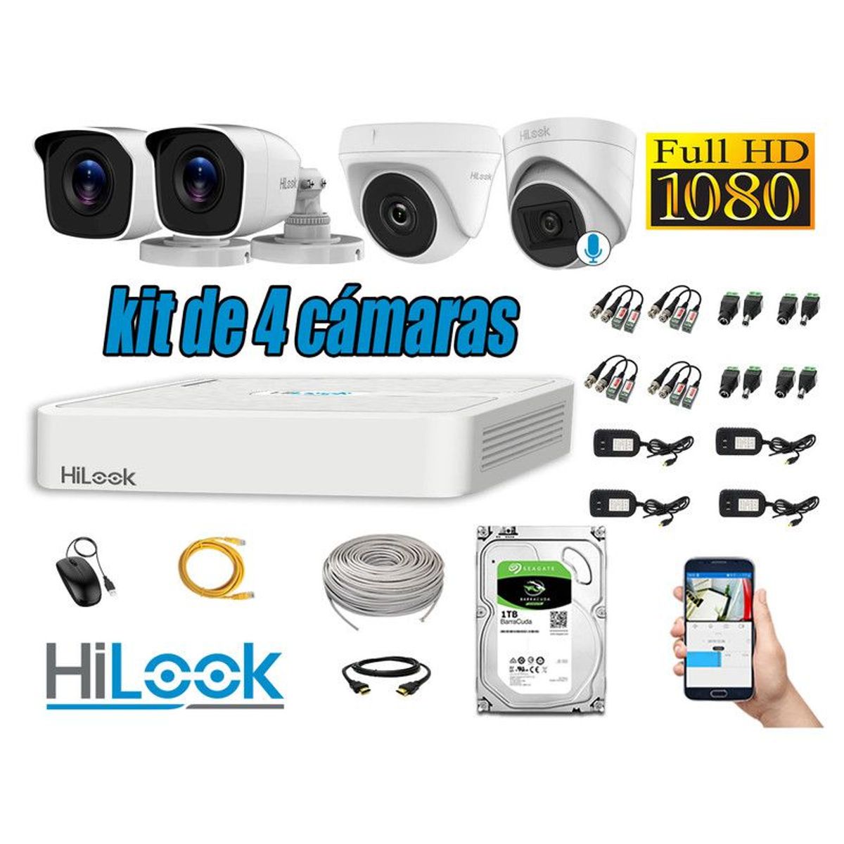 HILOOK - CÁMARAS SEGURIDAD KIT 4 FULL HD + DISCO 1TB - 1 CAMARA CON MICROFONO