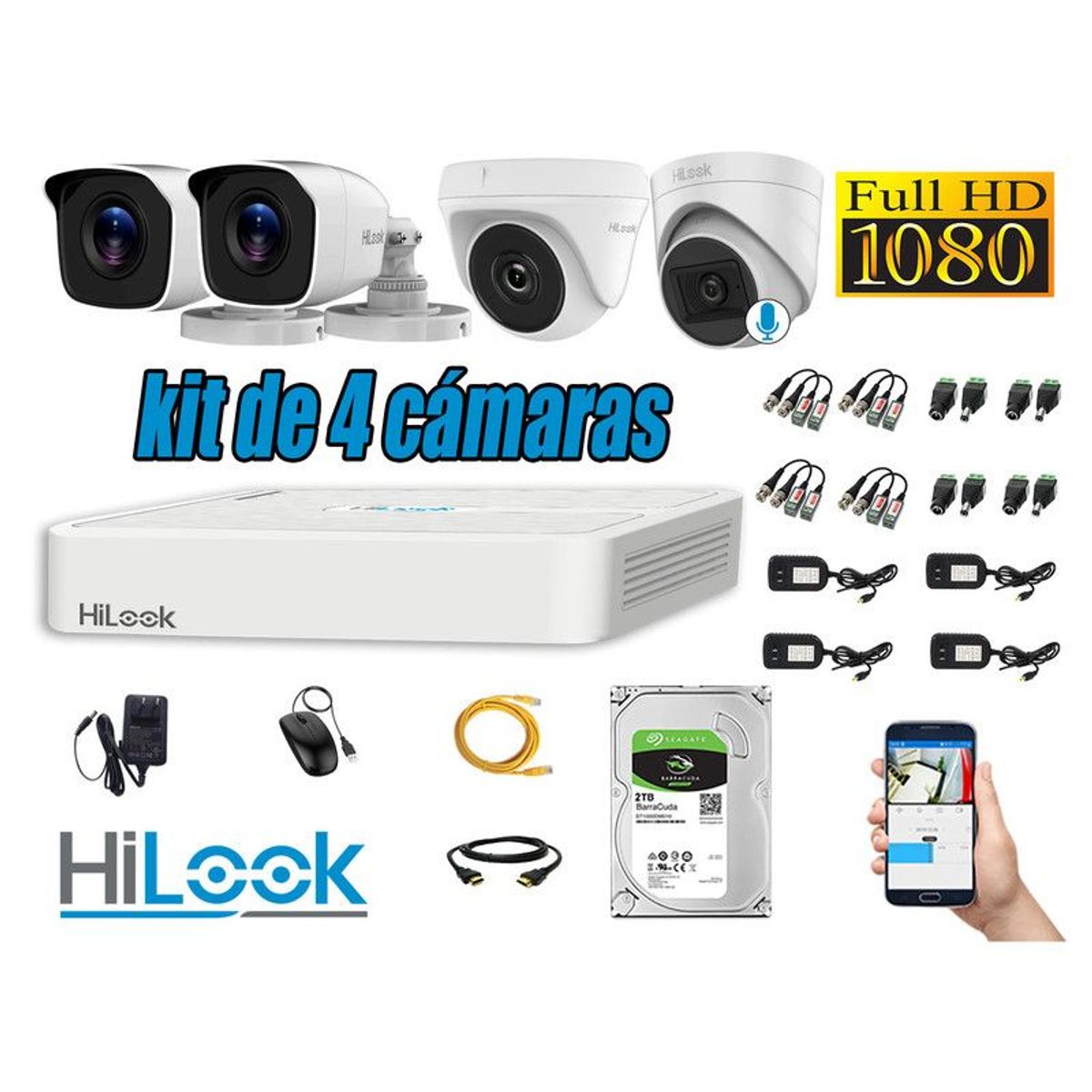 HILOOK - CÁMARAS SEGURIDAD KIT 4 FULL HD + DISCO 2TB - 1 CAMARA CON MICROFONO