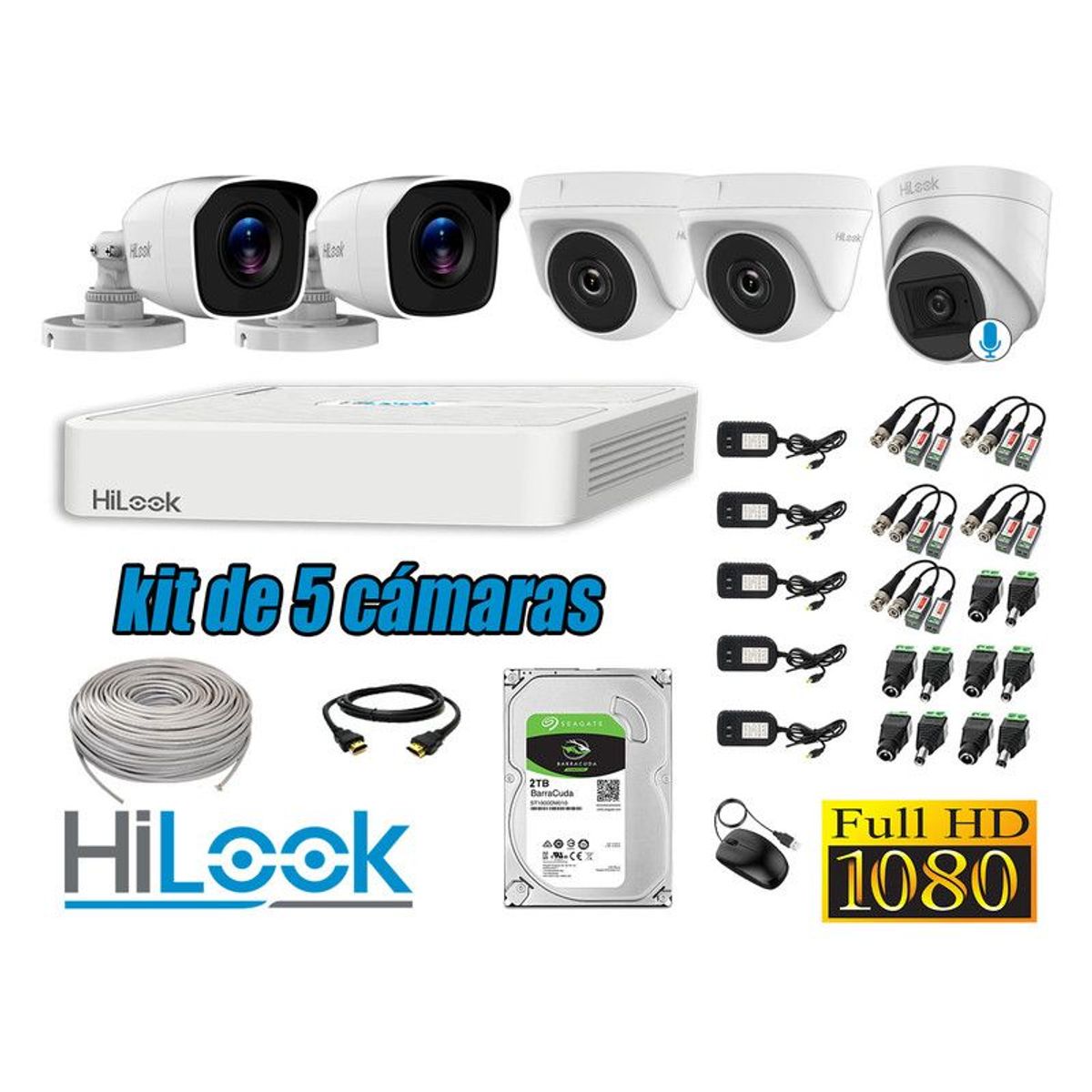 HILOOK - CÁMARAS SEGURIDAD KIT 5 FULL HD + DISCO 2TB - 1 CAMARA CON MICROFONO