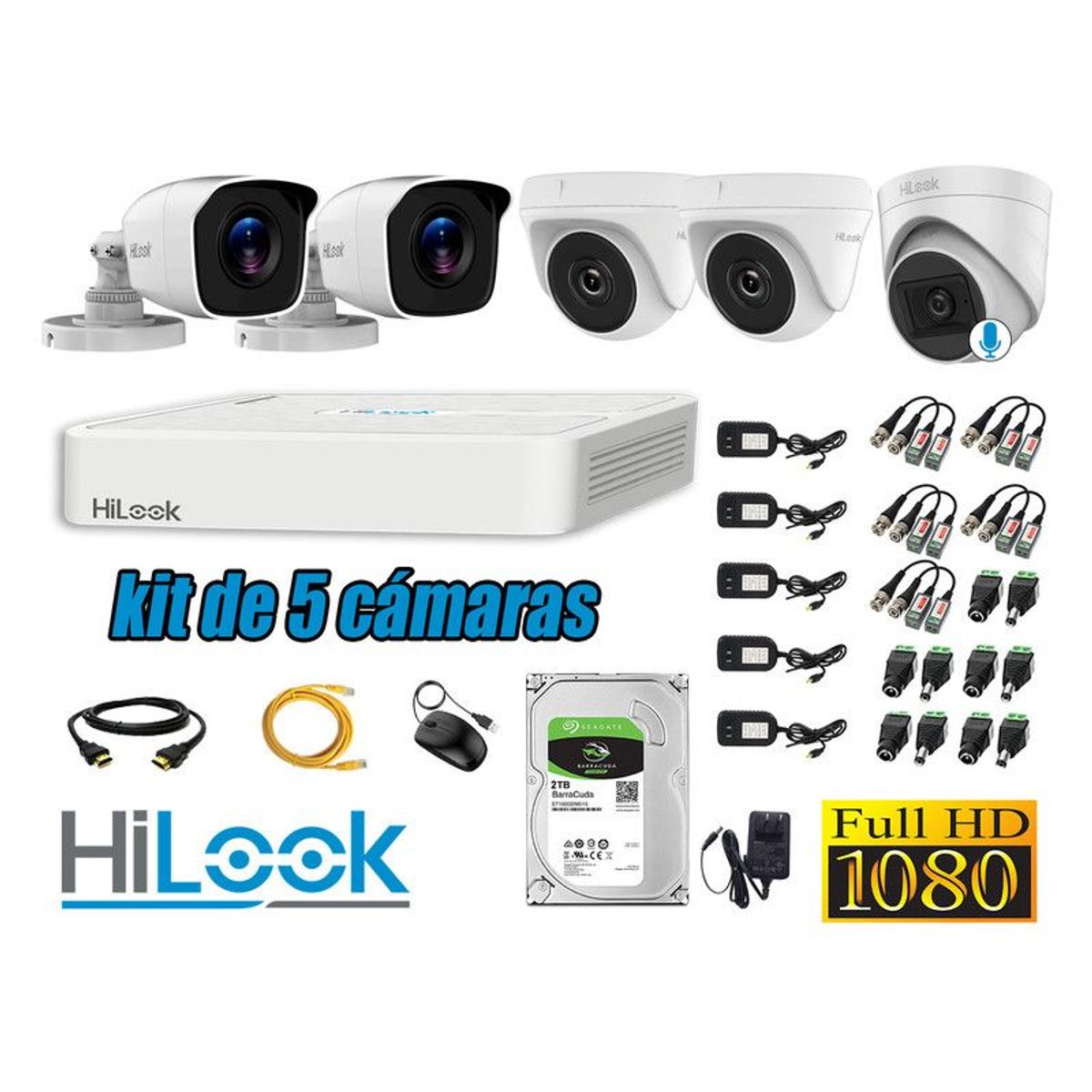 HILOOK - CÁMARAS SEGURIDAD KIT 5 FULL HD + DISCO 2TB - 1 CAMARA CON MICROFONO