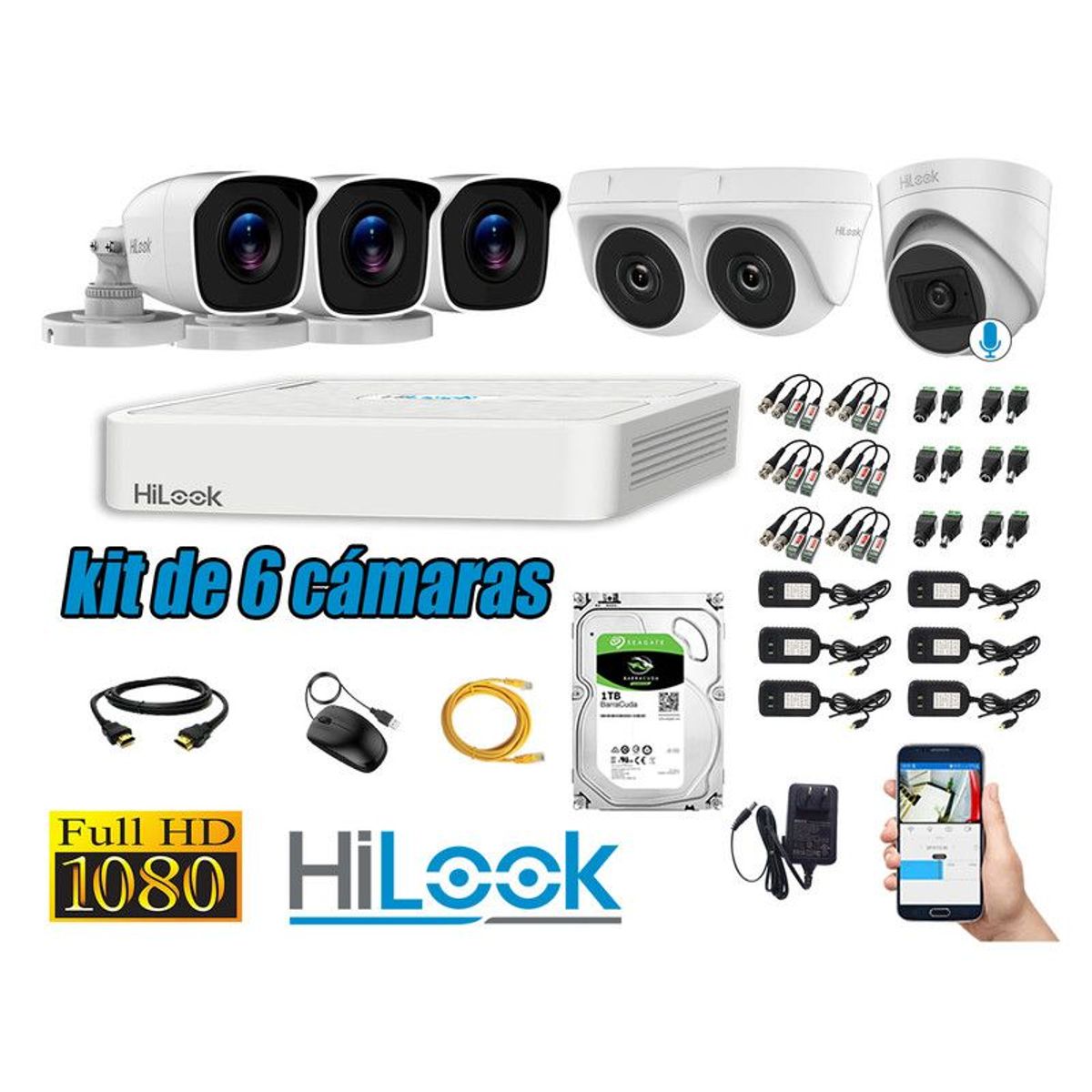 HILOOK - CÁMARAS SEGURIDAD KIT 6 FULL HD + DISCO 1TB - 1 CAMARA CON MICROFONO