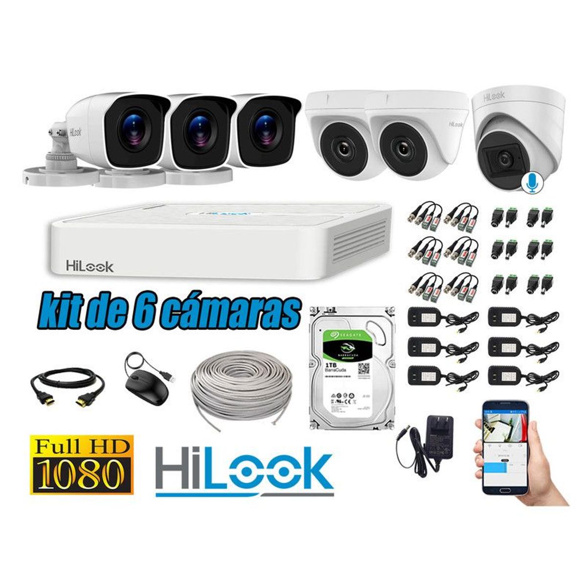 HILOOK - CÁMARAS SEGURIDAD KIT 6 FULL HD + DISCO 1TB - 1 CAMARA CON MICROFONO