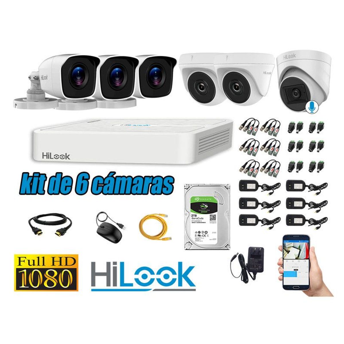 HILOOK - CÁMARAS SEGURIDAD KIT 6 FULL HD + DISCO 2TB - 1 CAMARA CON MICROFONO