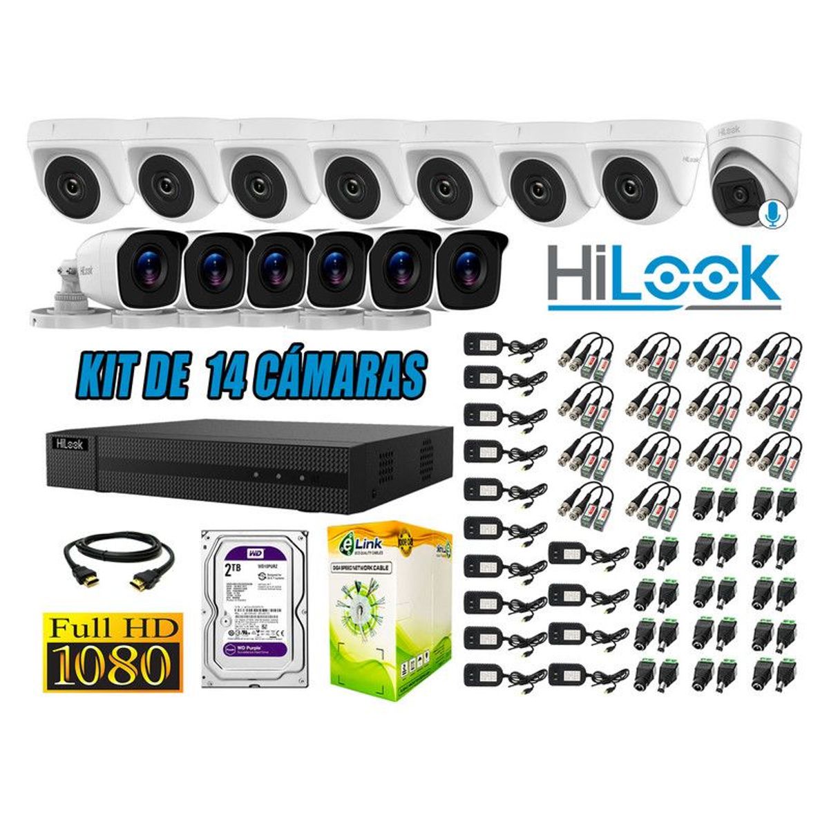 HILOOK - CÁMARAS SEGURIDAD KIT 14 FULL HD + DISCO 2TB - 1 CAMARA CON MICROFONO