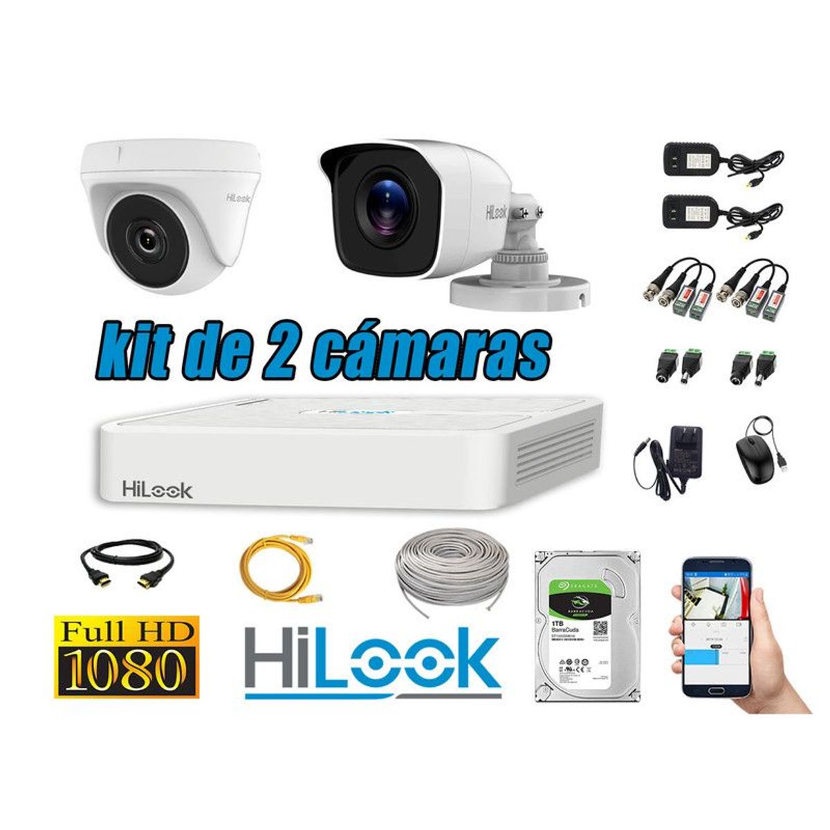 HILOOK - CÁMARAS SEGURIDAD KIT 2 FULL HD 1080P + DISCO 1TB COMPLETO