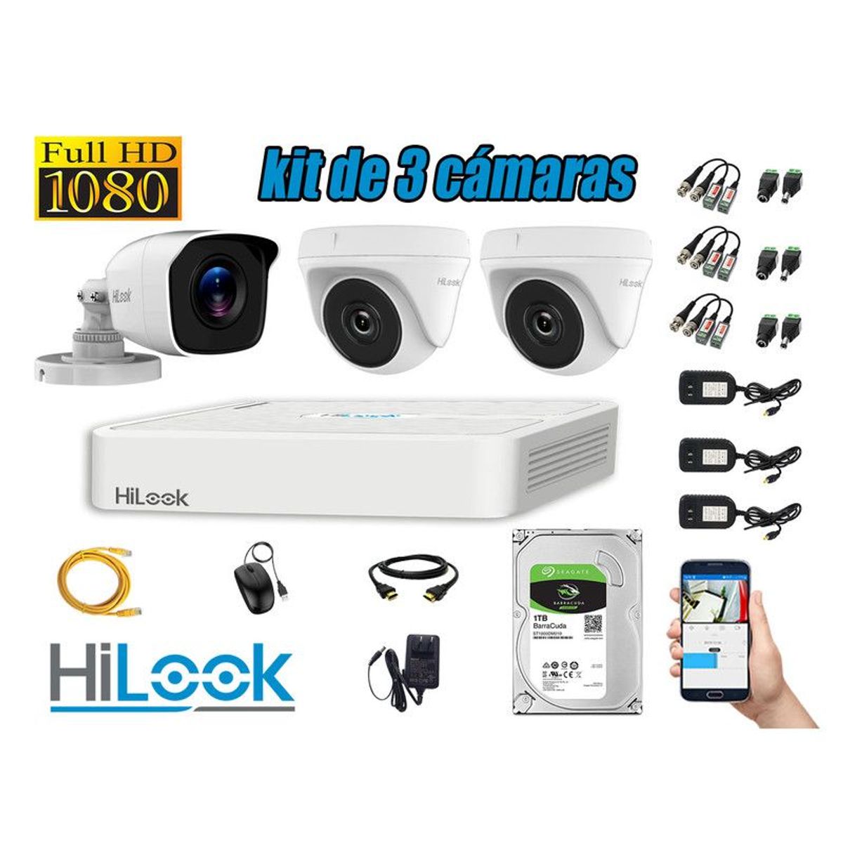 HILOOK - CÁMARAS SEGURIDAD KIT 3 FULL HD 1080P + DISCO 1TB P2P .