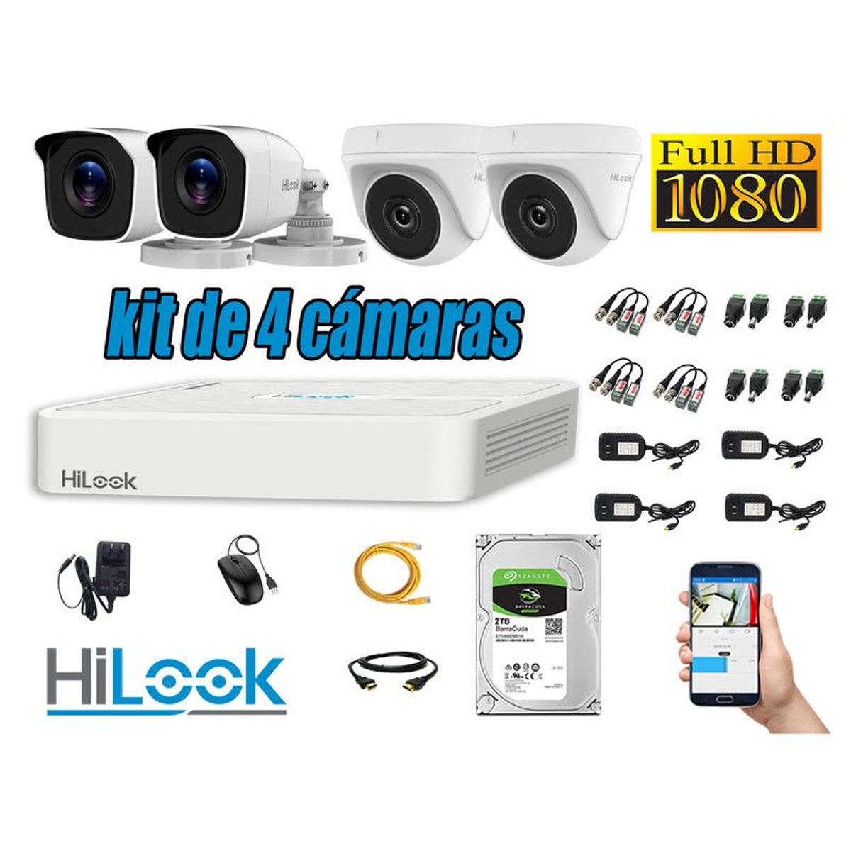 HILOOK - CÁMARAS SEGURIDAD KIT 4 FULL HD 1080P + DISCO 2TB P2P