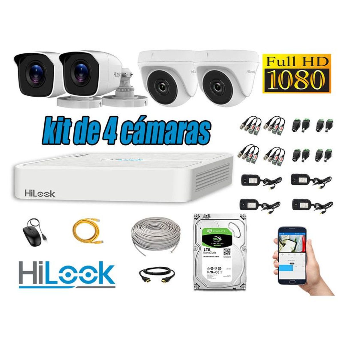 HILOOK - CÁMARAS SEGURIDAD KIT 4 FULL HD 1080P + DISCO 1TB COMPLETO