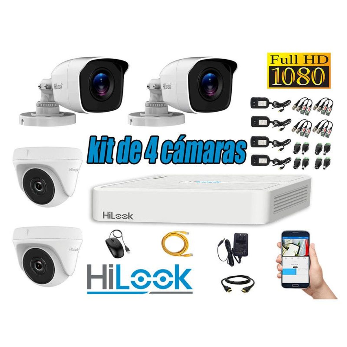 HILOOK - CÁMARAS SEGURIDAD KIT 4 FULL HD 1080P + CABLE HDMI