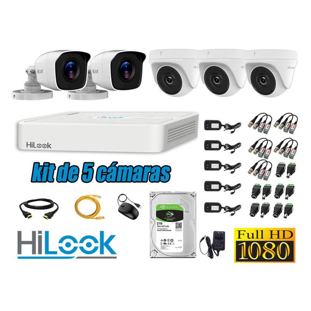 HILOOK - CÁMARAS SEGURIDAD KIT 5 FULL HD 1080P + DISCO 2TB 2MP