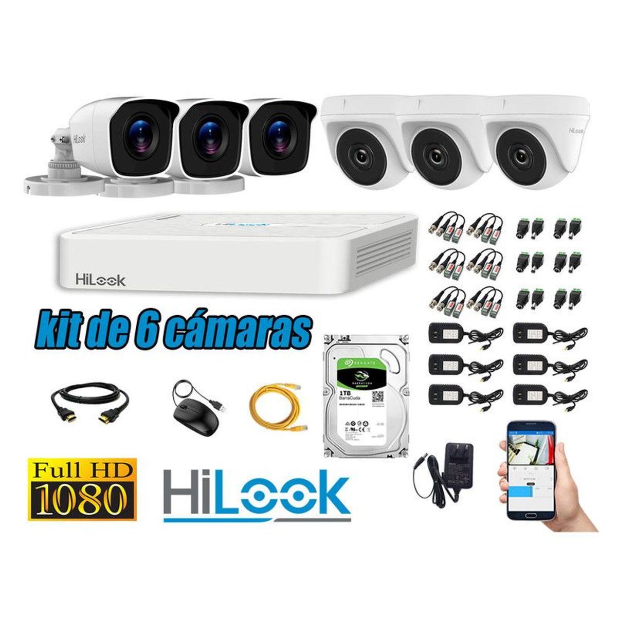 HILOOK - CÁMARAS SEGURIDAD KIT 6 FULL HD 1080P + DISCO 1TB P2P .