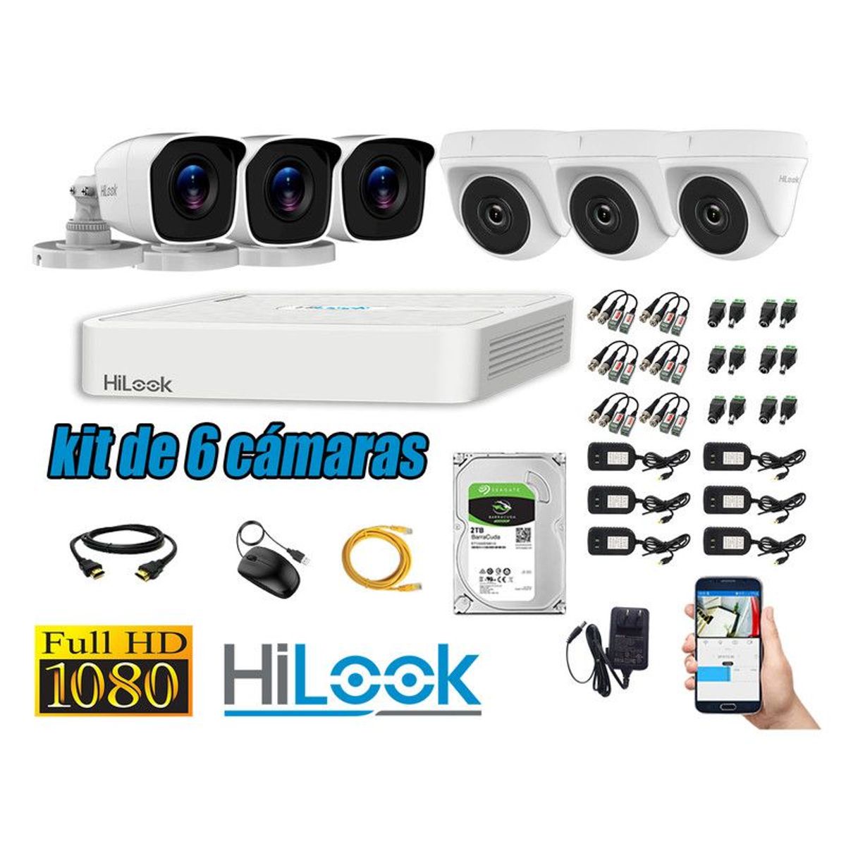HILOOK - CÁMARAS SEGURIDAD KIT 6 FULL HD 1080P + DISCO 2TB P2P