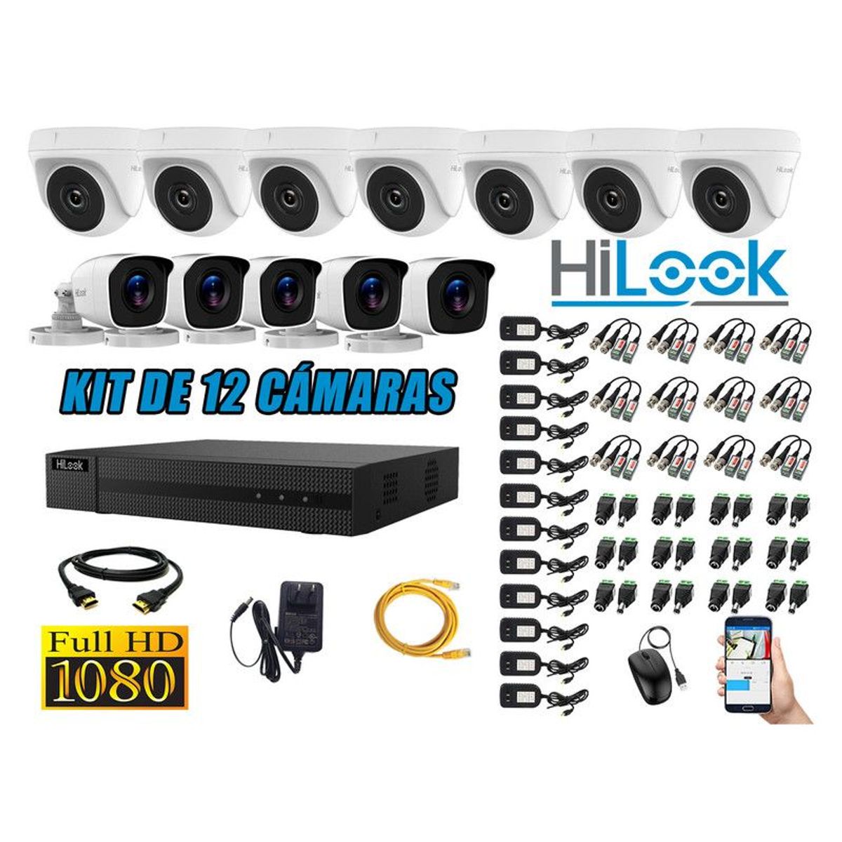 HILOOK - CÁMARAS SEGURIDAD KIT 12 FULL HD + CABLE HDMI P2P