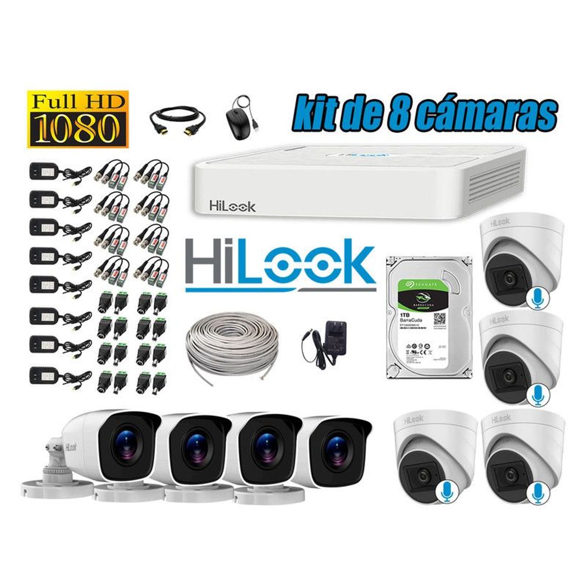 HILOOK - KIT 8 CÁMARAS SEGURIDAD FULL HD 4 CAMARA AUDIO INCORPORADO + DISCO 1TB